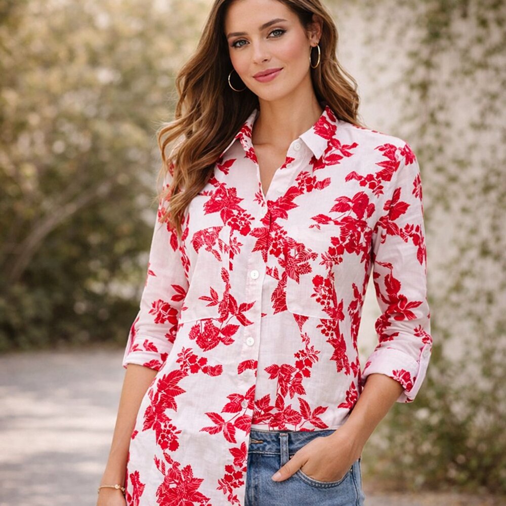 Charter Club Linen Floral Button-Up Shirt – Red & White – Size L